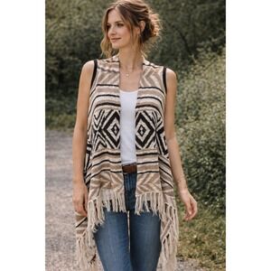 Boho Fringe Cardigan Vest Tribal Aztec Print Open Front Layering Pie